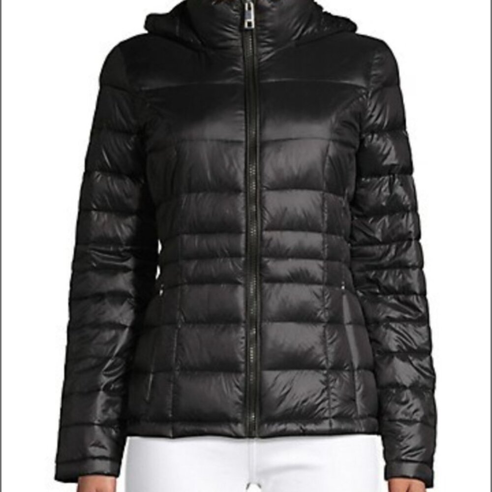 CALVIN KLEIN down blend packable puff Black hoodie jacket , women size large
